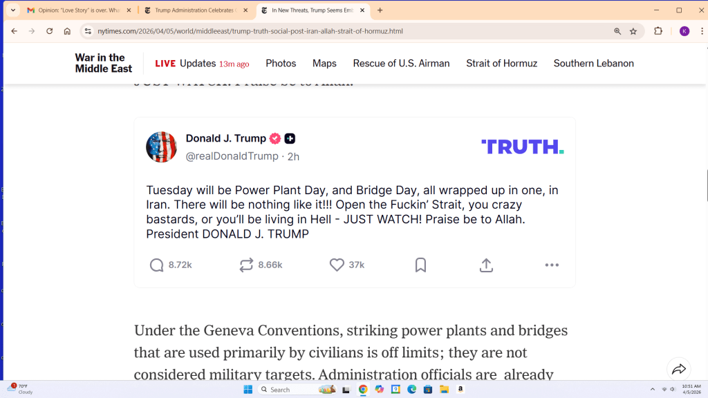 Screenshot of a tweet by Donald J. Trump referencing an upcoming event described as 'Power Plant Day and Bridge Day' in Iran, with strong language and expressions of urgency.